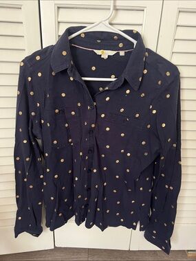Boden Navy Button-Front Shirt with Gold Polka Dots